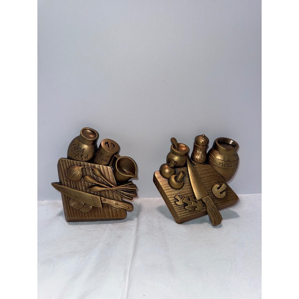 Vintage Mid Century Modern Bronze Kitchen Wall Plaques Set Cutting Board Knife
